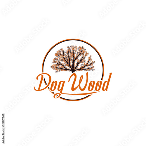 A dogwood tree within a circular frame. The organic line and warm orange color evoke a sense of warmth, comfort, and connection to nature. Ideal for a brand associated with nature, pets, or home goods