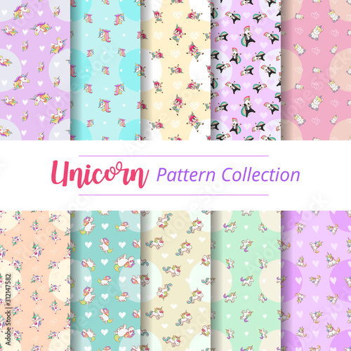 Unicorn pattern background seamless vector set collection graphic design