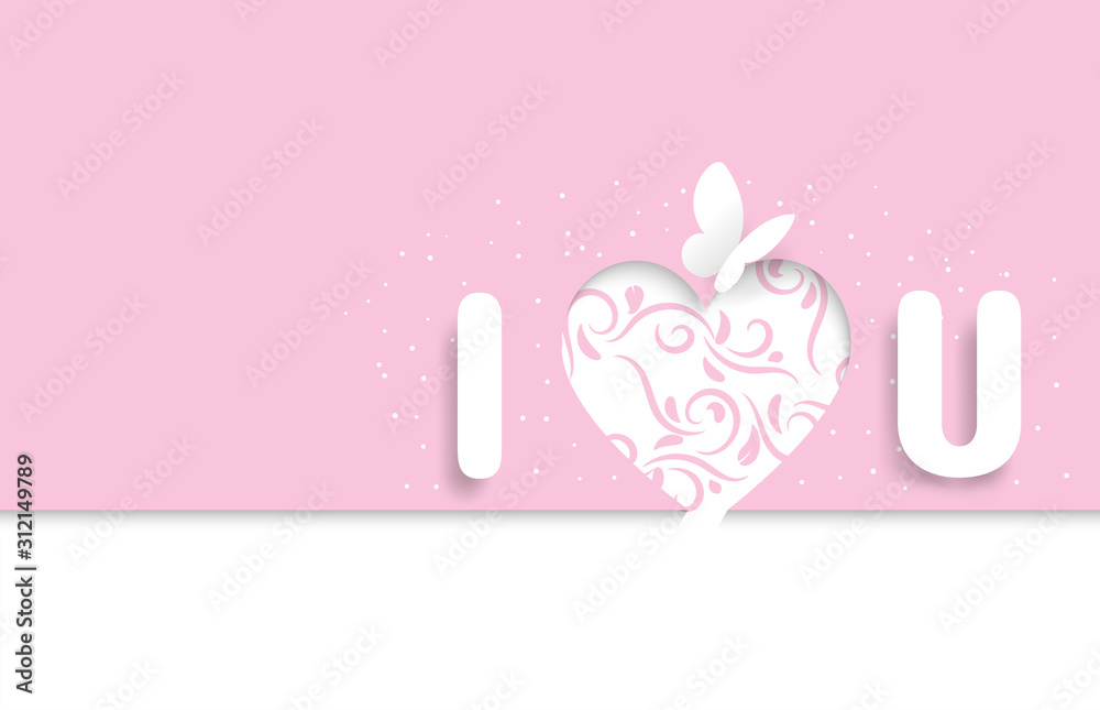 Glossary of I Love You and Butterflies that look like paper-cut, with a pink background with a heart shape and ivy, valentine's day,wedding