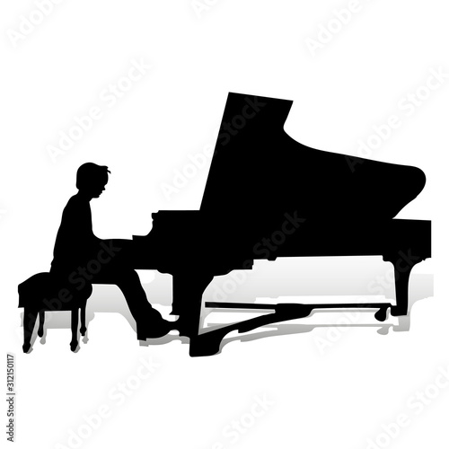 Silhouette of a pianist at the piano playing, close up on a white background