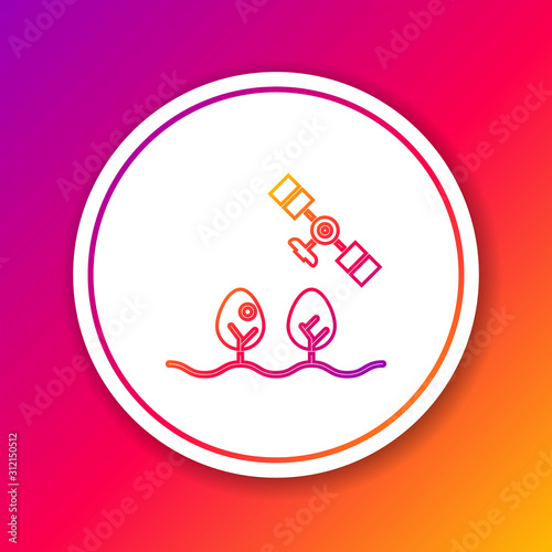 Color line Smart farm with drone control and tree icon isolated on color background. Innovation technology for agricultural company. Circle white button. Vector Illustration