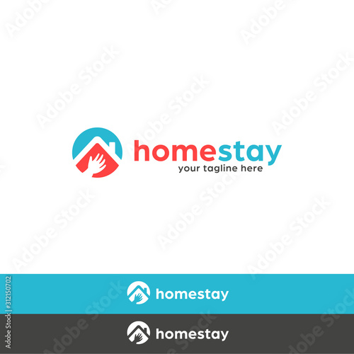 Friendly Homestay logo vector, family friendly hotel or motel, villa rent, and home related business in simple round, house roof and waving hand symbol.
