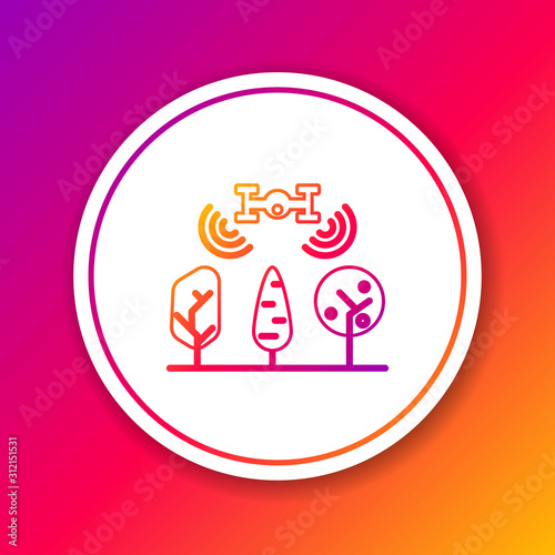 Color line Smart farm with drone control and tree icon isolated on color background. Innovation technology for agricultural company. Circle white button. Vector Illustration