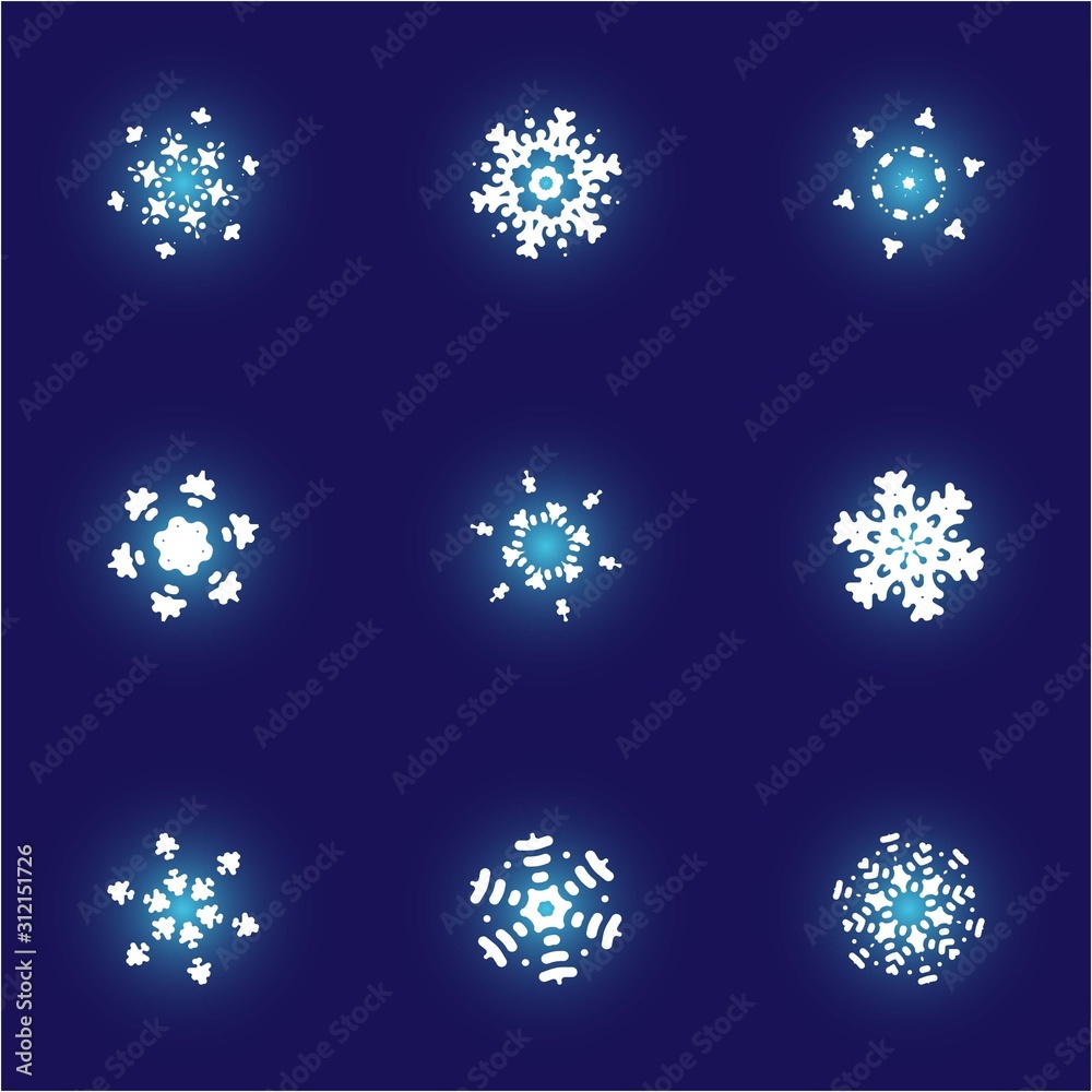 Cute snowflake with shadow on blue background.