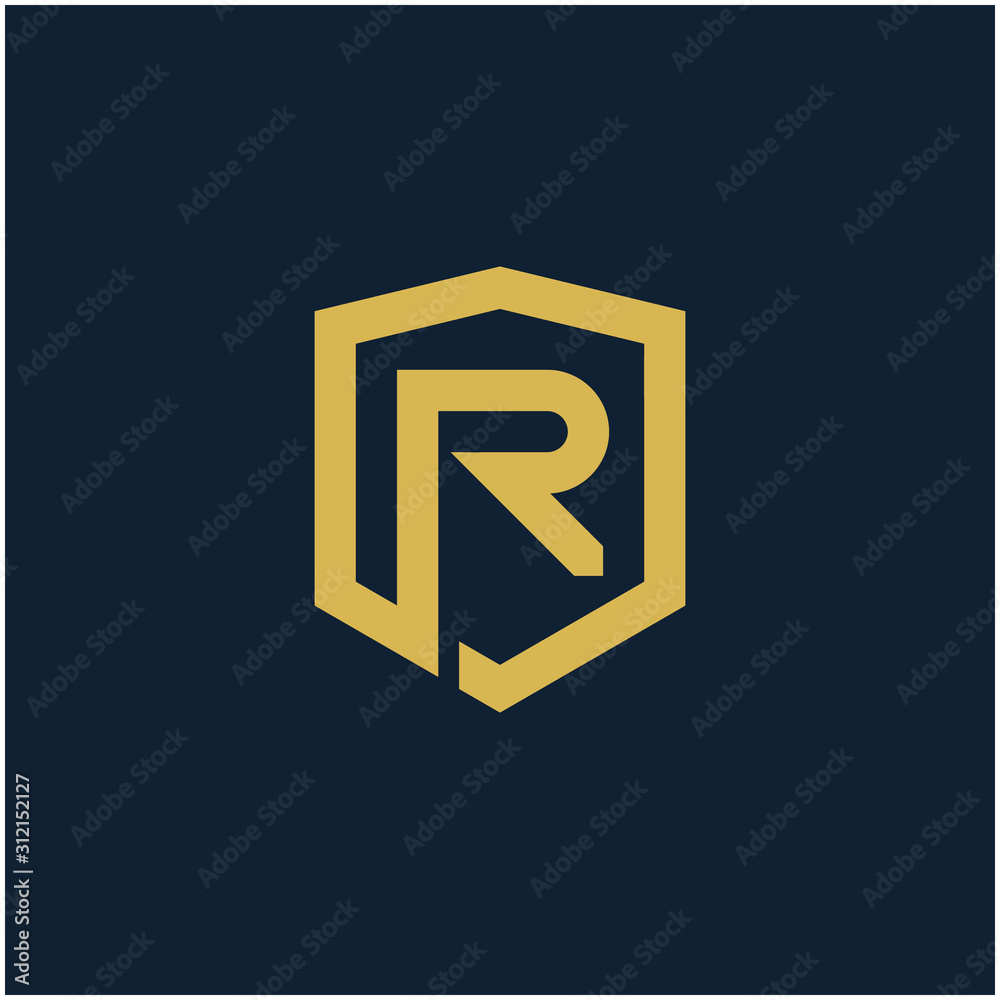 initial Letter R with Shield frame line art element. Shield Line geometry for Security logo. Logo Icon Template for Web and Business Card, Letter Logo Template on Black Background. - vector initial Letter R with Shield frame line art element. Shield Line geometry for Security logo. Logo Icon Template for Web and Business Card, Letter Logo Template on Black Background. - vector