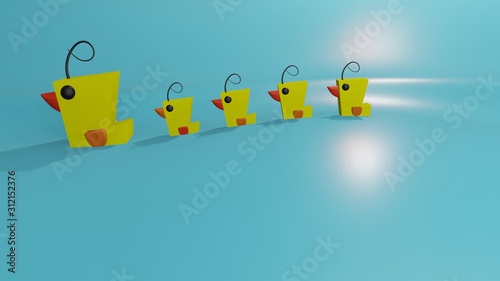 Duck family on blue background 3D rendering