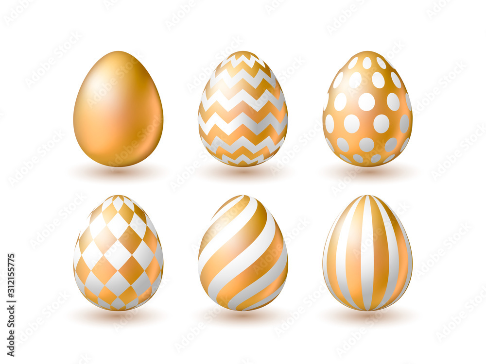 Realistic golden eggs isolated on white background. Set of 3d easter eggs with patten for design of card, banner, logo, flayer, label, icon, badge, sticker. Vector illustration EPS10.