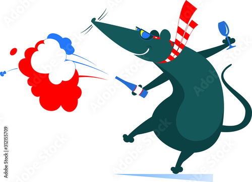 Cartoon rat or mouse, bottle and champagne splashes isolated illustration. Comic dancing rat or mouse holds a bottle of wine or champagne and a glass isolated on white illustration