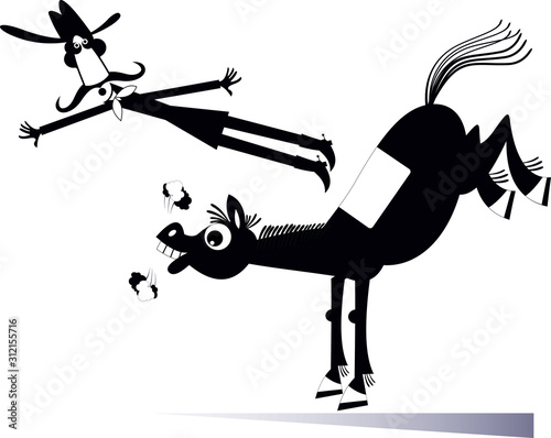 Cartoon rider falls from the horse isolated illustration. Funny long mustache man or cowboy falling down from the horse black on white 