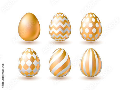 Realistic golden eggs isolated on white background. Set of 3d easter eggs with patten for design of card, banner, logo, flayer, label, icon, badge, sticker. Vector illustration EPS10.