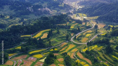 Aerial view of golden terrace rice field in Hoshitoge, Niigata, Japan photo