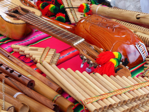 Εκτύπωση καμβά Pan flute o panpipes flute, folk musical instrument, and guitars on traditional