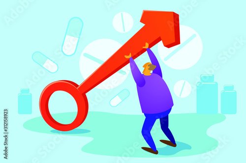 A man raises a male symbol. The concept of treatment of impotence. Vector illustration