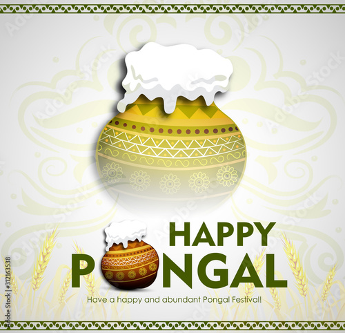 Happy Pongal , Header or banner design with traditional pot, sugarcane South Indian Festival Pongal Vector Illustration with calligraphy. - Vector