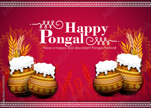 Happy Pongal , Header or banner design with traditional pot, sugarcane South Indian Festival Pongal Vector Illustration with calligraphy. - Vector