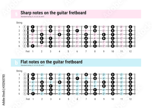 Sharp and flat notes on the guitar fretboard, all the notes on the guitar fretboard