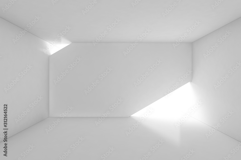 Abstract empty white interior with illuminated front wall installation Abstract empty white interior with illuminated front wall installation