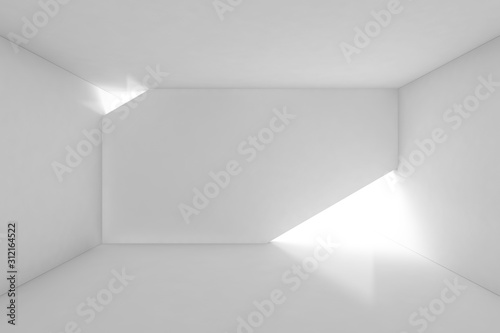 Abstract empty white interior with illuminated front wall installation