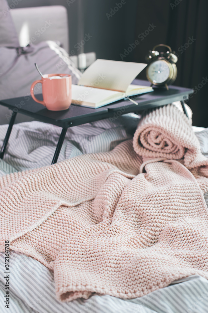 Fototapeta premium Coffee, daily, pencil on table on cosy grey bed