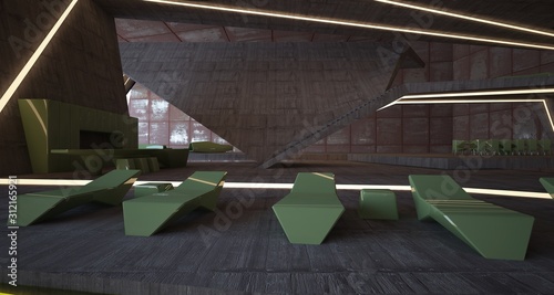 Abstract architectural concrete and rusted metal interior of a minimalist house with swimming pool and neon lighting. 3D illustration and rendering.