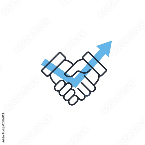 Up arrow shaking hands. Improving relationships, increasing trust. Vector linear icon on a white background.