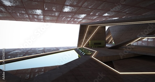 Abstract architectural concrete and rusted metal interior of a minimalist house with swimming pool and neon lighting. 3D illustration and rendering.