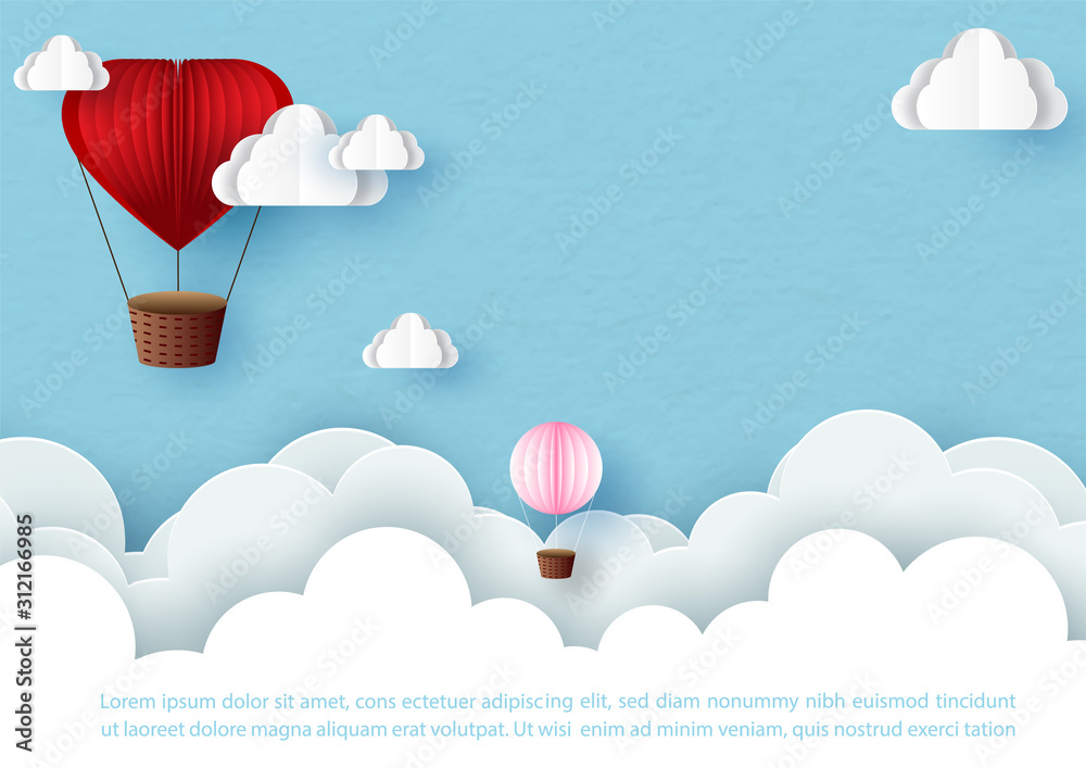 Obraz premium Red heart with little pink balloons on white clouds and blue sky background. Poster and greeting cards of Valentine's day in paper cut and vector design.