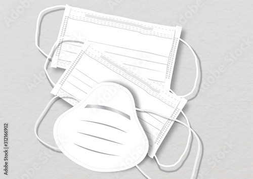 Anti virus and dust masks on light gray background with copy space for texts.