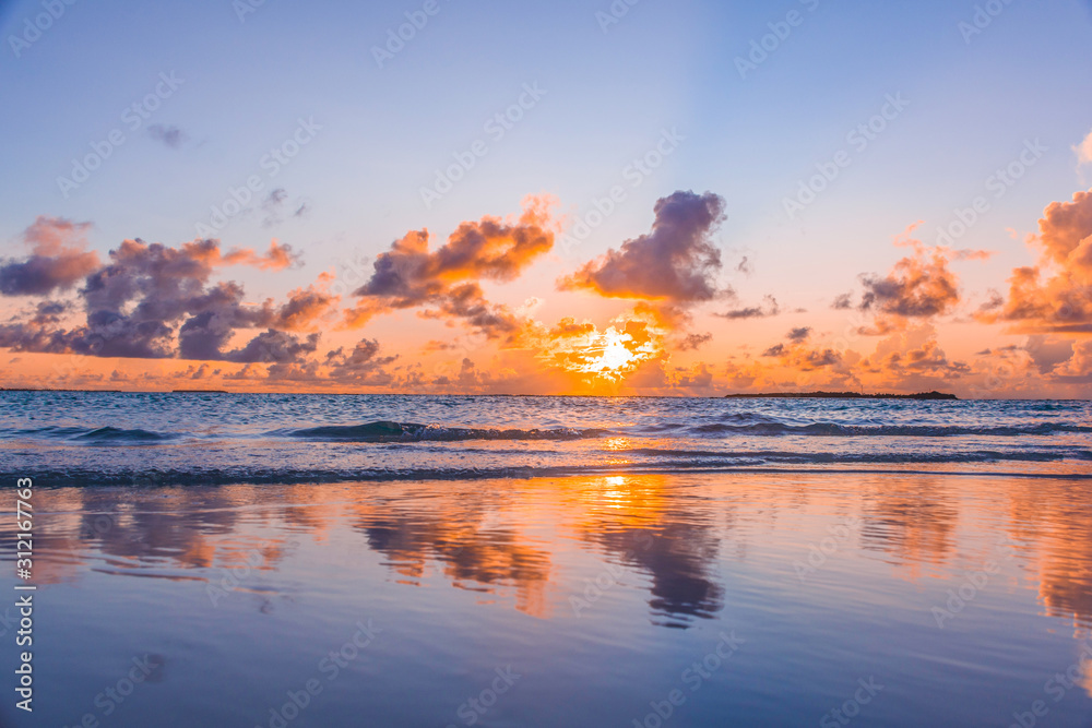 Amazing Sunset at Maldive Funadhoo Island colorful cloud and beautiful deep blue sky background Best sunset image 