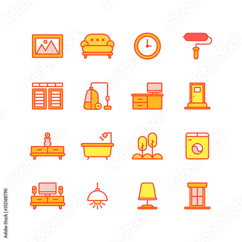 Home furniture, interior decor elements icons set. Apartment furnishing symbols pack. Living room, bedroom, kitchen and bathroom attributes. Bookcase, bed, oven and bath illustrations