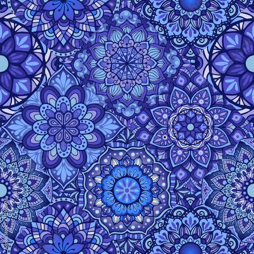 Porcelain tiles with  indigo blue Mandala set concept seamless pattern vector 