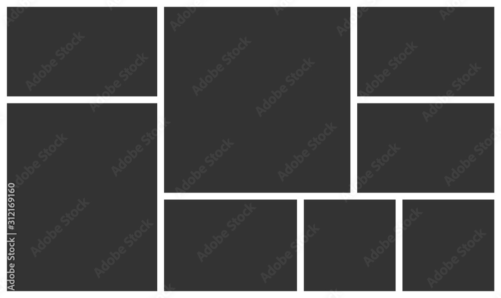 Empty photo frame collage of eight parts. Poster frame mockup. Vector template photo collage.