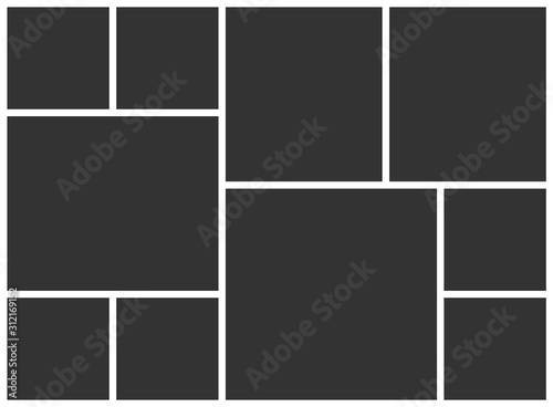 Empty collage template for photo. Ten frames photo parts. Vector photo collage layout.
