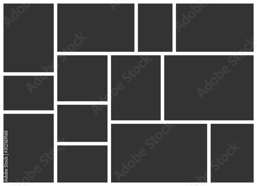 Wall photo frame composition layouts sketch. Vector flat photo collage album template.