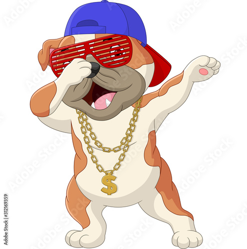 Cute dog dabbing dance wearing sunglasses, hat, and gold necklace