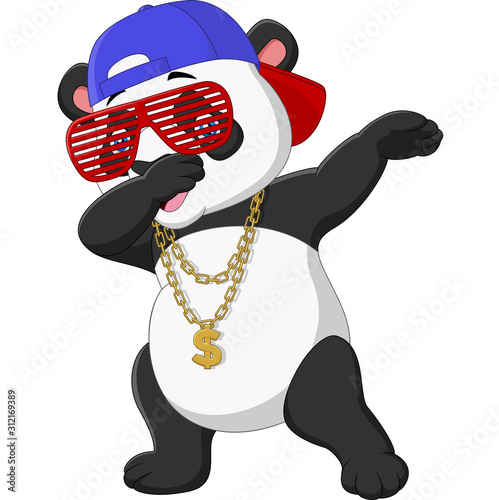 Cool panda dabbing dance wearing sunglasses, hat, and gold necklace