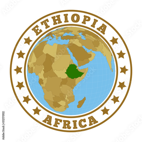 Ethiopia logo. Round badge of country with map of Ethiopia in world context. Country sticker stamp with globe map and round text. Vector illustration.