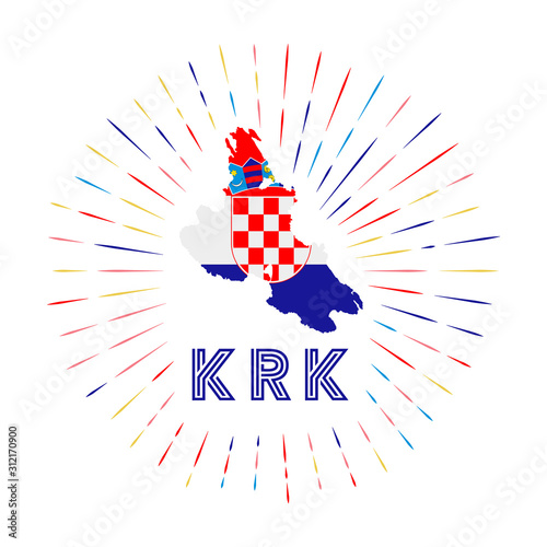 Krk sunburst badge. The island sign with a map of Krk with the Croatian flag. Colorful rays around the logo. Vector illustration.