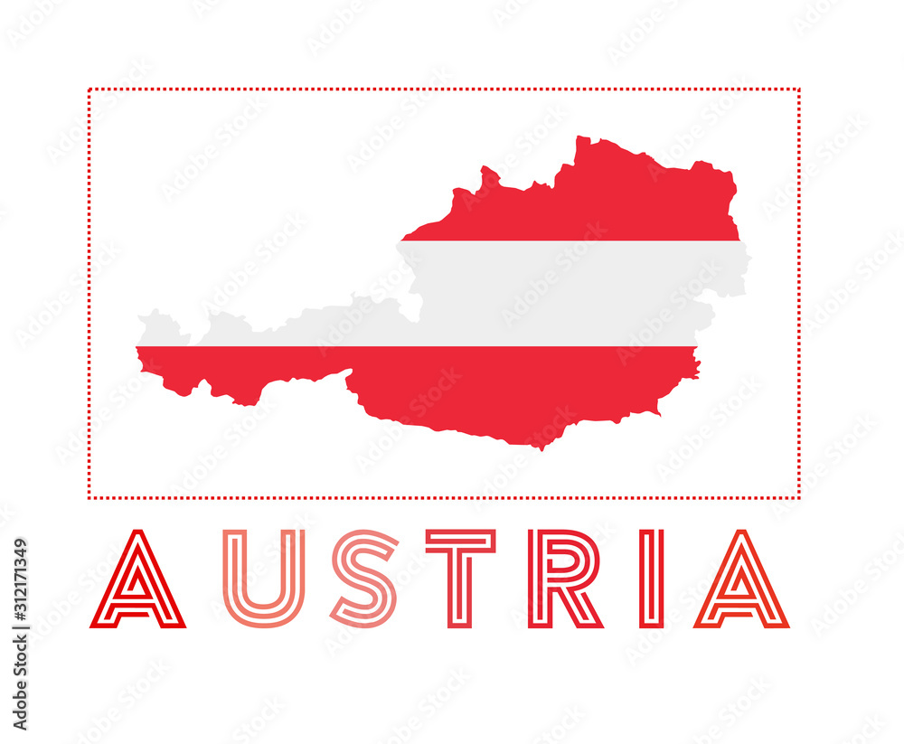 Austria Logo. Map of Austria with country name and flag. Charming vector illustration. Austria Logo. Map of Austria with country name and flag. Charming vector illustration.