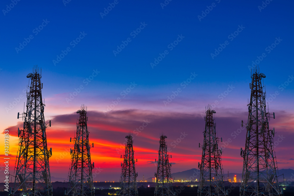 telecommunication tower at sunset sky background