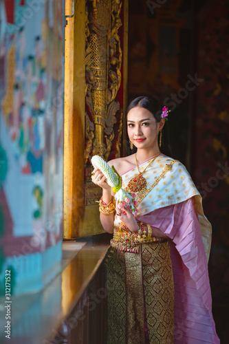 Thai girl in traditional thai costume, identity culture of Thailand.