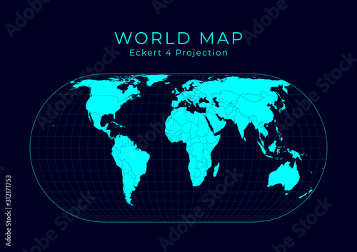 Map of The World. Eckert IV projection. Futuristic Infographic world illustration. Bright cyan colors on dark background. Attractive vector illustration.