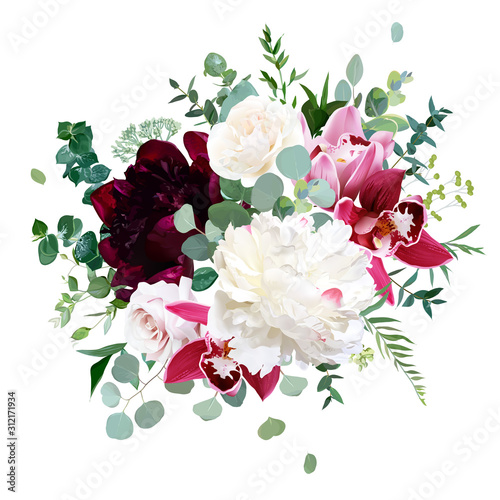 Elegant floral vector bouquet with white and burgundy red peony