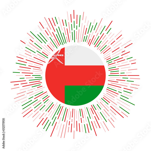 Oman sign. Country flag with colorful rays. Radiant sunburst with Oman flag. Vector illustration.