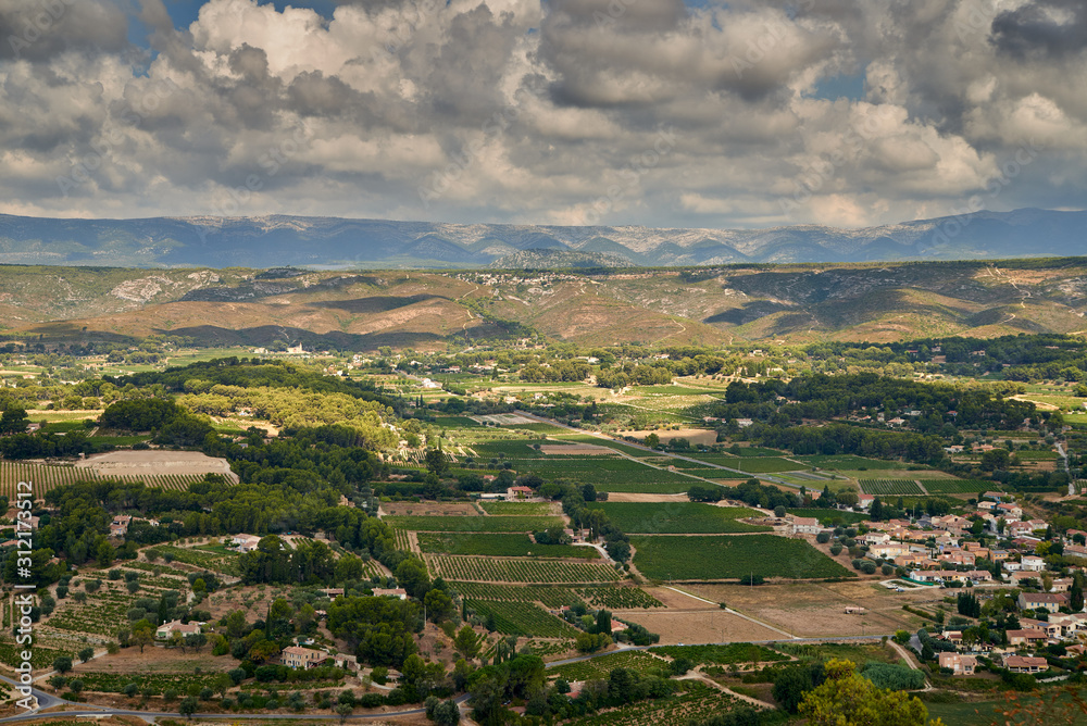 Obraz premium view of the vineyards on the provence valley floor from le castellet