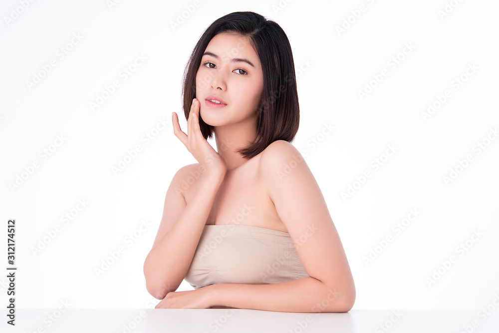 Beautiful Young Asian Woman with Clean Fresh Skin. Face care, Facial treatment, on white background, Beauty and Cosmetics Concept. Beautiful Young Asian Woman with Clean Fresh Skin. Face care, Facial treatment, on white background, Beauty and Cosmetics Concept.