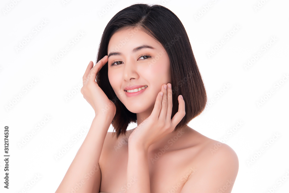 Beautiful Young Asian Woman with Clean Fresh Skin. Face care, Facial treatment, on white background, Beauty and Cosmetics Concept. Beautiful Young Asian Woman with Clean Fresh Skin. Face care, Facial treatment, on white background, Beauty and Cosmetics Concept.
