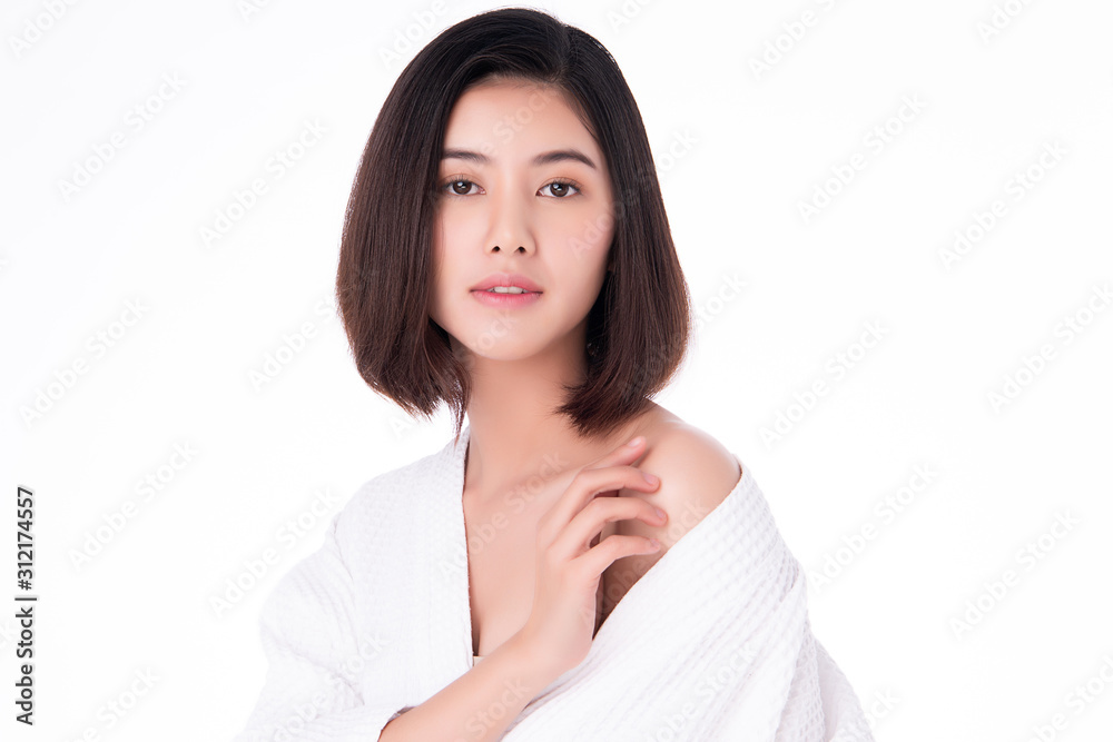 Beautiful Young Asian Woman with Clean Fresh Skin. Face care, Facial treatment, on white background, Beauty and Cosmetics Concept. Beautiful Young Asian Woman with Clean Fresh Skin. Face care, Facial treatment, on white background, Beauty and Cosmetics Concept.