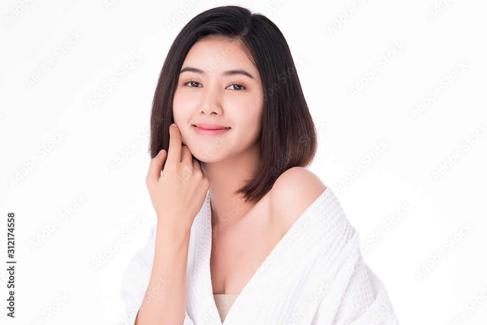 Beautiful Young Asian Woman with Clean Fresh Skin. Face care, Facial treatment, on white background, Beauty and Cosmetics Concept. Beautiful Young Asian Woman with Clean Fresh Skin. Face care, Facial treatment, on white background, Beauty and Cosmetics Concept.