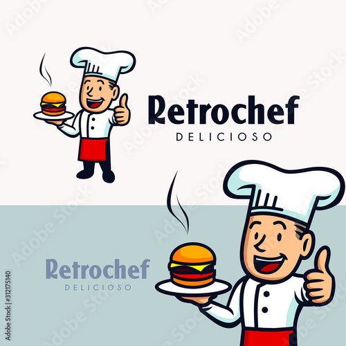 chef mascot holding a plate with food with thumbs up